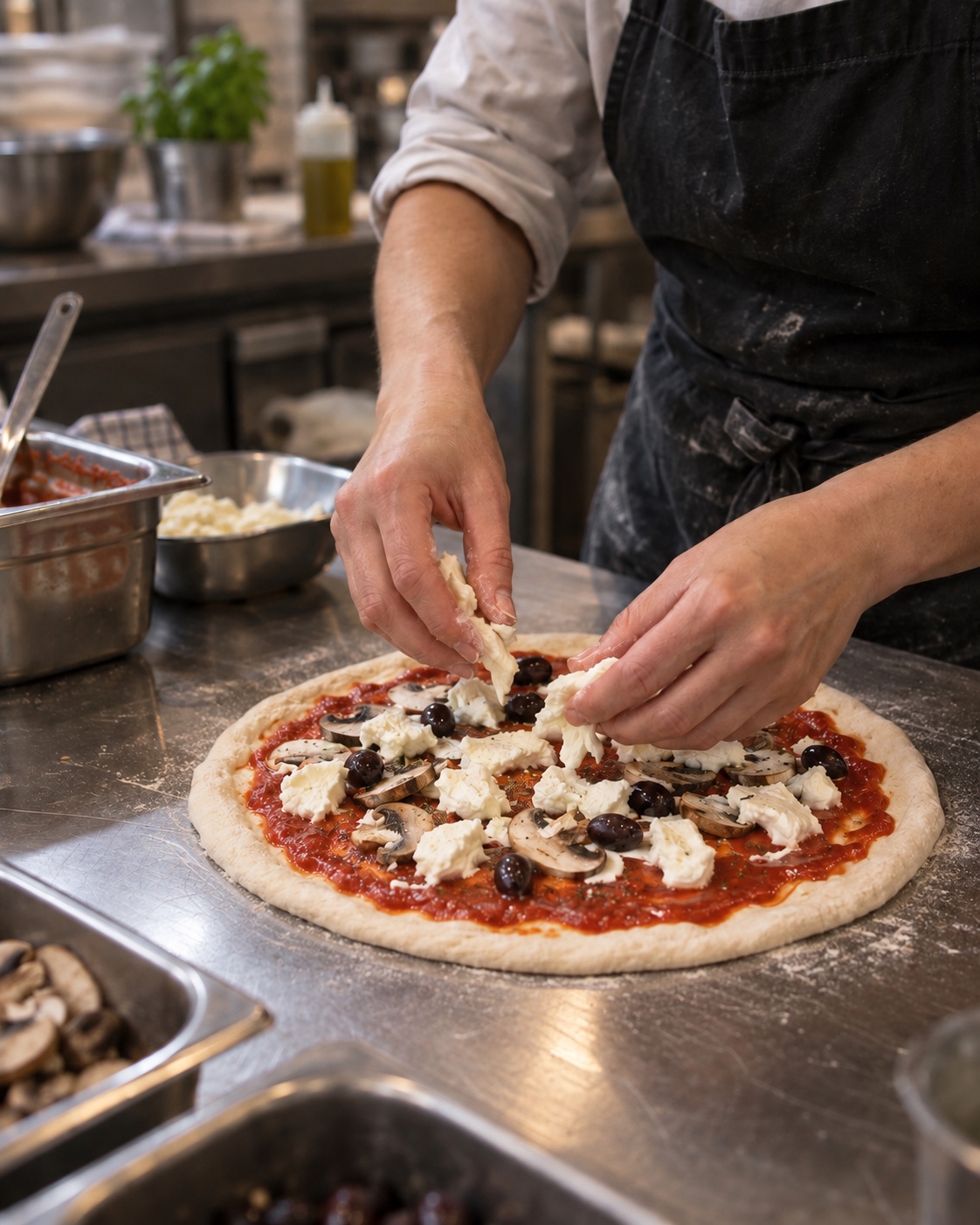 Préparation d’une pizza à la main dans la cuisine de Nina